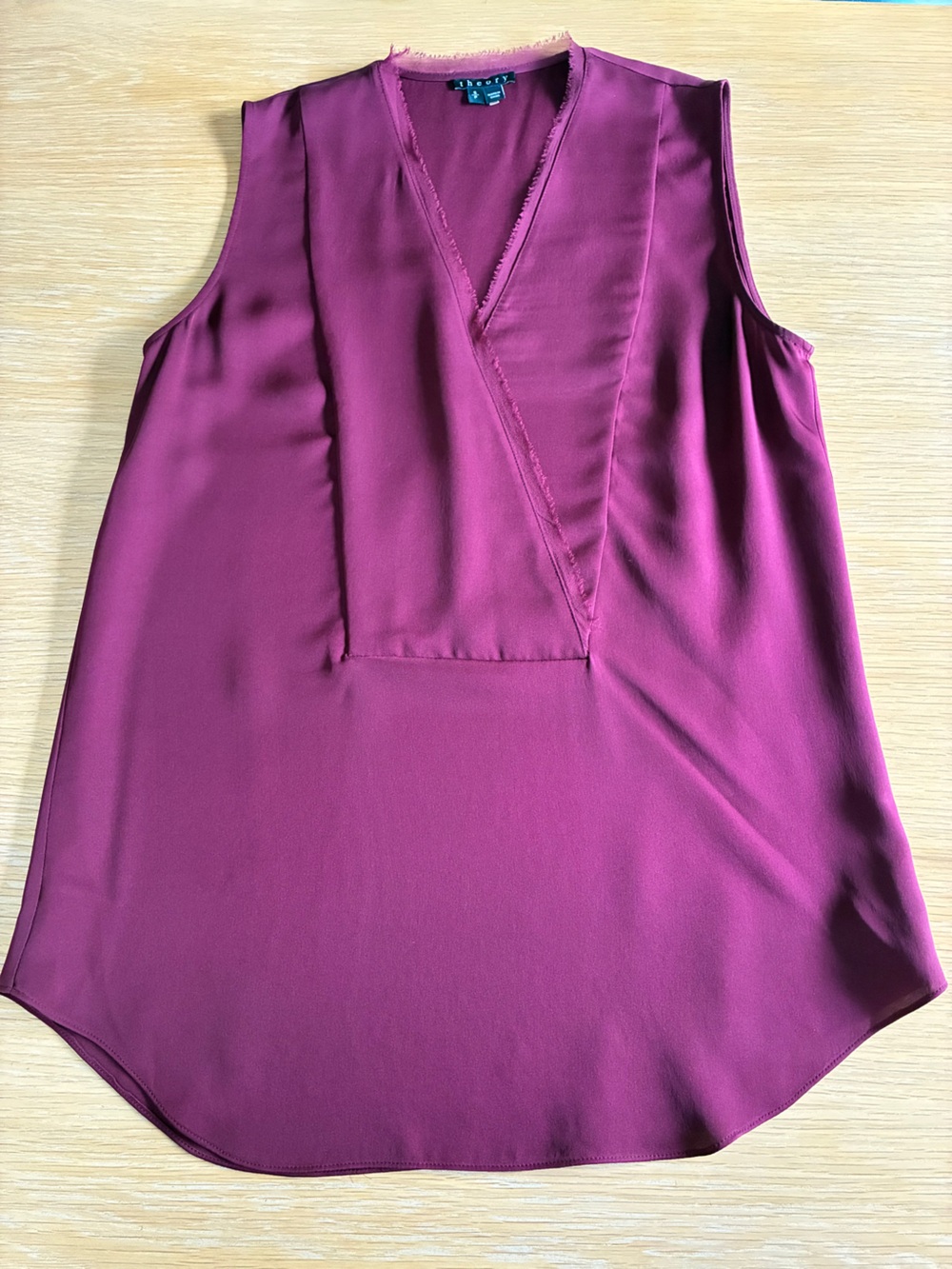 Theory-100% Silk-Maroon-Burgundy-V-neck-Tank-Sleeveless-Blouse-Office-S